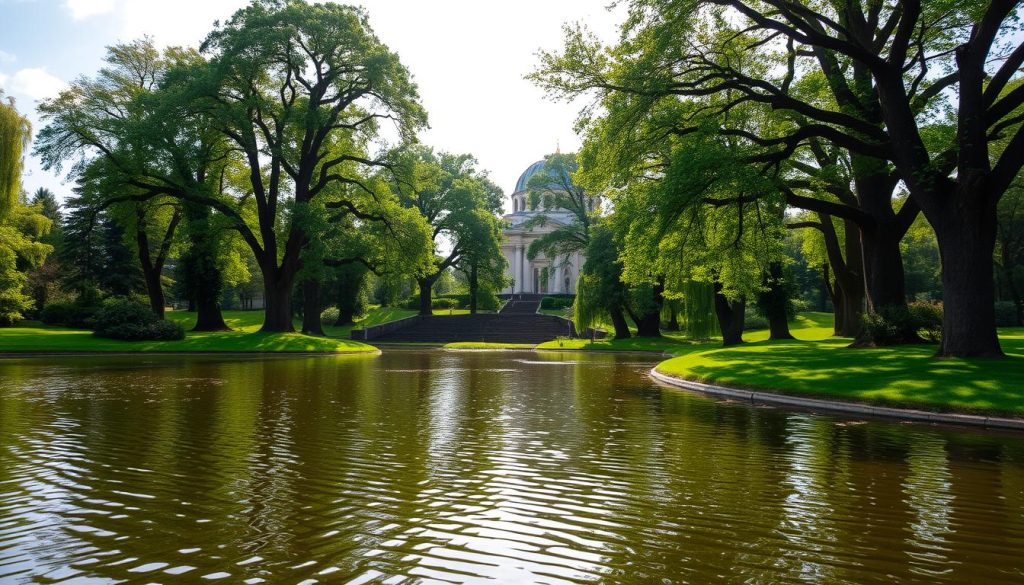 A tranquil oasis in the heart of Kyiv, Парк Феофания captivates with its serene ponds, lush greenery, and centuries-old trees. A medium-wide shot captures the park's peaceful ambiance, with a foreground of gently rippling waters reflecting the sky. The middle ground features an array of towering deciduous trees, their leaves dappling the sunlight and casting soft shadows. In the background, the historic Feofania Monastery stands as a testament to the site's rich heritage. The overall scene conveys a sense of timeless serenity, inviting visitors to immerse themselves in the tranquility of this verdant oasis. 7fishing.com.ua