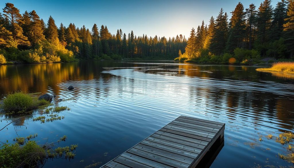 A tranquil river landscape, its calm waters reflecting the lush green banks and towering pine trees surrounding it. The sun casts a warm, golden glow, illuminating the perfect spots for pike fishing - submerged logs, dense aquatic vegetation, and deep pools where the apex predators lurk. A small wooden dock extends into the water, inviting the angler to cast their line and wait patiently for the powerful strike of a trophy pike. The scene exudes a sense of peaceful solitude, the ideal setting for an immersive and rewarding pike fishing experience.