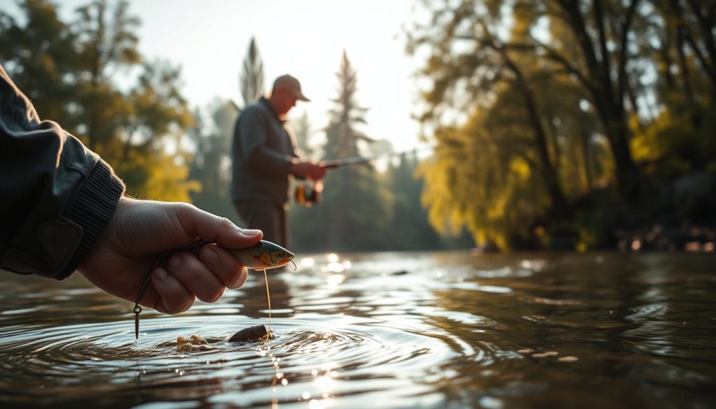 A tranquil river scene with a skilled angler intently fishing for zander (locally known as "sudak"). The foreground shows the angler's hands delicately manipulating a jigging lure, with a tight focus on the lure's action and the rippling water's surface. The middle ground reveals the angler's full figure, silhouetted against a backdrop of lush riverbanks and towering cypress trees. Soft, warm lighting filters through the overhanging foliage, casting a golden glow over the entire tableau. The atmosphere is one of patient focus and quiet anticipation, reflecting the unique challenges and rewards of zander fishing in Ukraine's waterways.