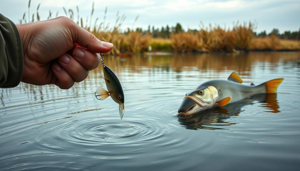 A tranquil riverbank scene showcasing the art of lure presentation for zander (pike-perch) fishing. In the foreground, a skilled angler's hand gently manipulates a lifelike lure, causing it to dart and twitch through the calm, reflective waters. The middle ground features a sleek, powerful zander suspiciously eyeing the enticing bait, while the background depicts a serene Ukrainian landscape with gently swaying reeds and a softly overcast sky, creating an atmospheric and immersive fishing environment. Subtle natural lighting accentuates the textures and movements, drawing the viewer into the precise technique of this specialized predatory fish presentation.