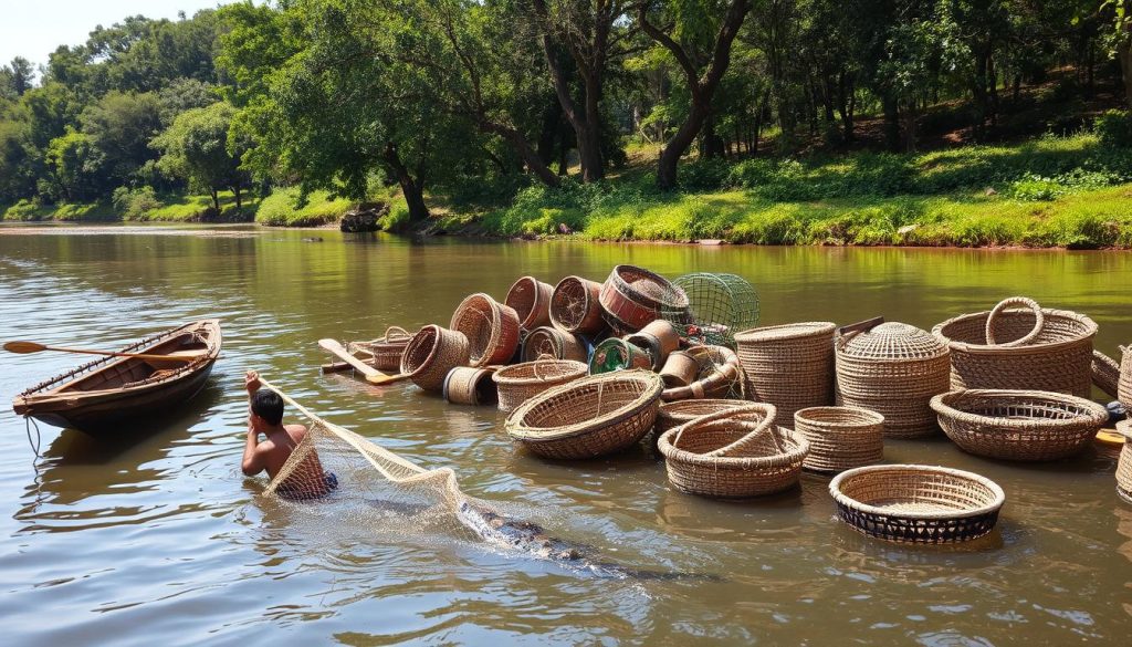 A tranquil riverside scene, showcasing the traditional methods of catching the elusive lamprey eel. In the foreground, a fisherman carefully maneuvers a sturdy wooden boat, net in hand, poised to scoop up the slippery prey. The middle ground features a variety of handcrafted eel traps and baskets, their intricate woven designs a testament to generations of expertise. In the background, a lush, verdant shoreline provides a serene backdrop, with dappled sunlight filtering through the canopy of trees. The overall atmosphere evokes a sense of timeless tradition, where the rhythms of nature and human ingenuity coexist in harmony.