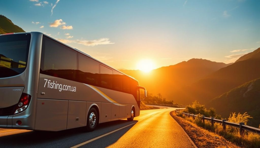 A tranquil scene of a modern, comfortable coach bus on a scenic mountain road, surrounded by lush greenery and a picturesque landscape. The bus features the logo "7fishing.com.ua" on its side, reflecting a reliable and well-established bus tour provider. The warm, golden light of the sun casts a soft glow, creating a serene and inviting atmosphere. The image conveys a sense of affordable luxury and the promise of an enjoyable, hassle-free journey through the beautiful Ukrainian countryside.