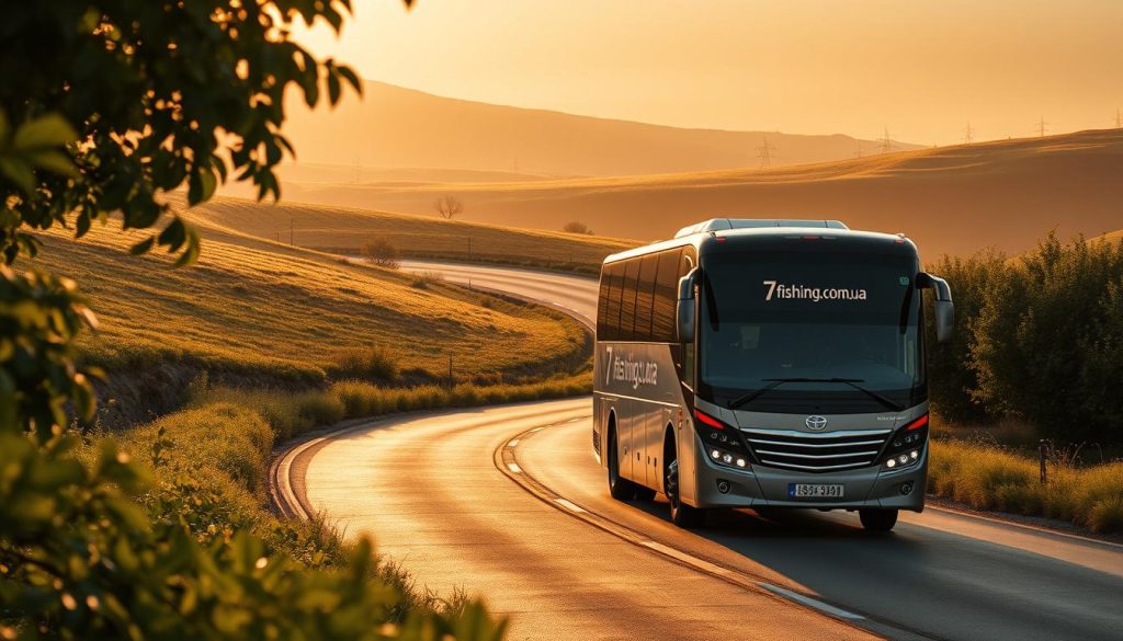 A tranquil scene of a winding road leading through rolling hills, with a sleek and modern-looking автобус navigating the route. The bus is adorned with the branding "7fishing.com.ua", conveying a sense of reliable and professional transportation. The landscape is bathed in warm, golden light, creating a serene and inviting atmosphere. Lush, verdant foliage frames the scene, hinting at the natural beauty of the surrounding countryside. The image should have a realistic, photographic quality, capturing the essence of an immersive автобусные путешествия experience.