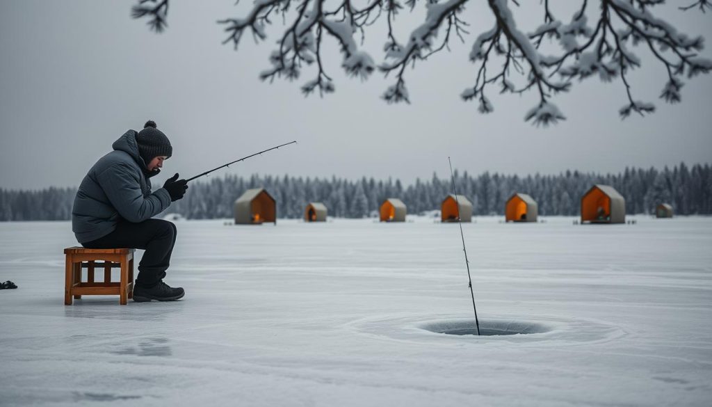 A tranquil winter scene of ice fishing on a frozen lake. In the foreground, a lone angler sits on a small wooden stool, intently watching the tip of a delicate kyvok rod protruding through a neatly cut ice hole. The middle ground is dotted with other ice fishing shelters, their warm glow contrasting against the muted, overcast sky. In the background, a dense pine forest frames the serene landscape, its branches heavy with freshly fallen snow. The crisp, cool air and muted tones evoke the peaceful solitude of the winter fishing experience.