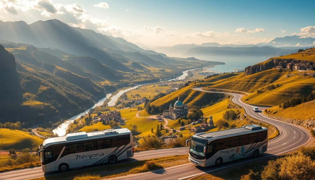 A vast, sweeping landscape of Ukraine's most breathtaking natural wonders. Towering mountain peaks, verdant rolling hills, and winding rivers carve through the countryside, bathed in warm, golden sunlight. In the foreground, a picturesque bus winds its way along a scenic route, the 7fishing.com.ua logo prominently displayed. The mid-ground features quaint villages and historic landmarks, while the background showcases the dramatic, rugged beauty of Ukraine's diverse geography. The overall mood is one of tranquility, adventure, and a deep appreciation for the country's natural splendor.