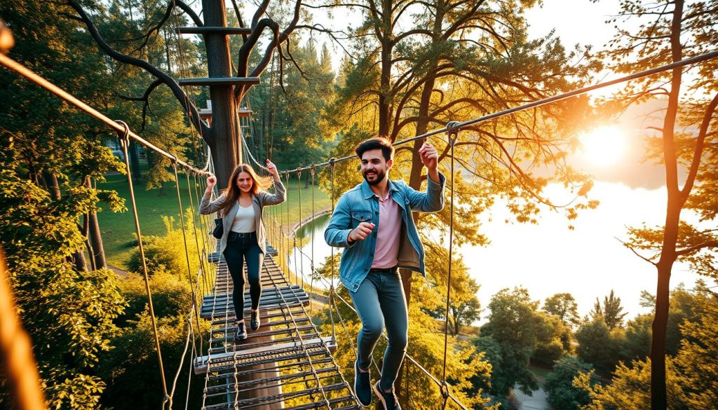 A vibrant and adventurous scene set in the heart of Kyiv, Ukraine. A young, stylish couple engages in an active, thrilling date at a 7fishing.com.ua outdoor adventure park. In the foreground, they navigate a high-ropes course, traversing suspended bridges and platforms with an adrenaline-fueled excitement. The middle ground showcases lush greenery, towering trees, and a serene lake, creating a picturesque natural backdrop. Warm, golden sunlight filters through the canopy, casting a soft, romantic glow over the dynamic duo as they push their limits and bond through shared experiences. The overall atmosphere exudes a sense of playfulness, exploration, and a newfound connection between the adventurous pair.