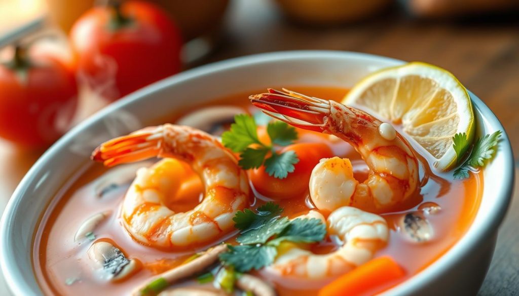 A vibrant and appetizing Thai tom yum soup with succulent shrimp, featuring a steaming broth infused with lemongrass, kaffir lime leaves, galangal, and fresh herbs. The shrimp are expertly seared, their sweet and juicy texture complementing the sour, spicy, and savory flavors of the soup. Sliced mushrooms, tomatoes, and fragrant cilantro add depth and balance to the dish. Warm lighting casts a cozy glow, highlighting the vibrant colors and inviting the viewer to savor the comforting and nourishing qualities of this homemade seafood soup.