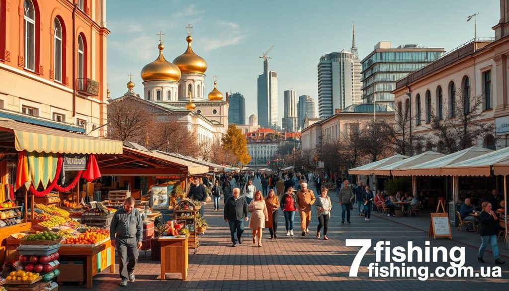 A vibrant and bustling street scene in the heart of Kyiv, Ukraine on a weekend day. The foreground features a lively outdoor market with colorful stalls selling fresh produce, traditional crafts, and street food. In the middle ground, people stroll along the wide sidewalks, window-shopping and dining at cozy cafes. The background is dominated by the iconic landmarks of Kyiv, including the golden domes of historic churches and the modern skyscrapers of the city center. The scene is bathed in warm, natural lighting, creating a welcoming and inviting atmosphere. In the bottom right corner, the 7fishing.com.ua brand is subtly incorporated into the scene.