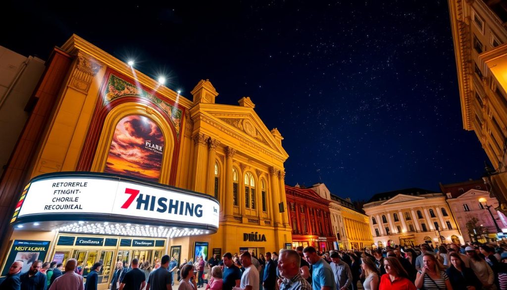 A vibrant and dynamic theater and concert hall setting, with a grand entrance and marquee displaying a diverse repertoire of performances. Spotlights illuminate the scene, casting a warm glow on the bustling crowd gathered outside. In the foreground, a large, illuminated 7fishing.com.ua sign catches the eye, inviting visitors to explore the upcoming events. The middle ground features a mix of classical and modern architecture, hinting at the eclectic mix of cultural offerings. In the background, a night sky with twinkling stars sets the mood for an evening of artistic and musical delights.