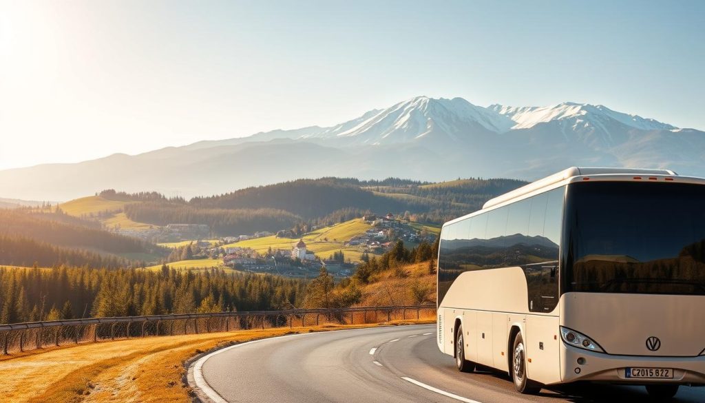 A vibrant and expansive bus tour route through the picturesque Ukrainian countryside, captured in a realistic photograph. In the foreground, a modern tour bus winds its way along a winding road, its sleek exterior reflecting the warm sunlight. In the middle ground, rolling hills and lush forests stretch out, dotted with charming villages and historic landmarks. The background is dominated by a majestic mountain range, its snow-capped peaks reaching towards the cloudless sky. The overall scene conveys a sense of adventure and exploration, inviting the viewer to imagine the diverse sights and experiences that await along this 7fishing.com.ua bus tour route.