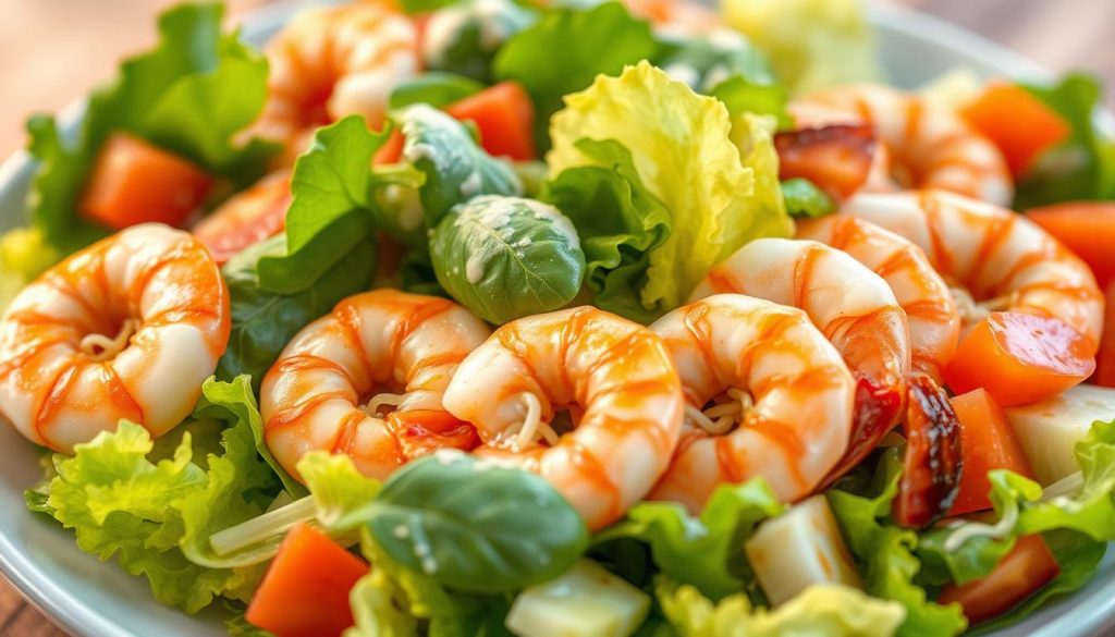A vibrant and fresh salad bursting with juicy tiger prawns, resting on a bed of crisp romaine lettuce, tender spinach leaves, and diced tomatoes. The prawns are glistening, their orange-pink hues complemented by the vibrant greens and ruby-red tomatoes. A light, tangy dressing coats the salad, adding a delightful zing. Soft lighting casts a warm glow, highlighting the textural contrast between the crunchy vegetables and the succulent seafood. The composition is visually balanced, with the prawns taking center stage, surrounded by the supporting cast of leafy greens and juicy tomatoes. An inviting and appetizing scene that captures the essence of a simple yet flavorful prawn salad.