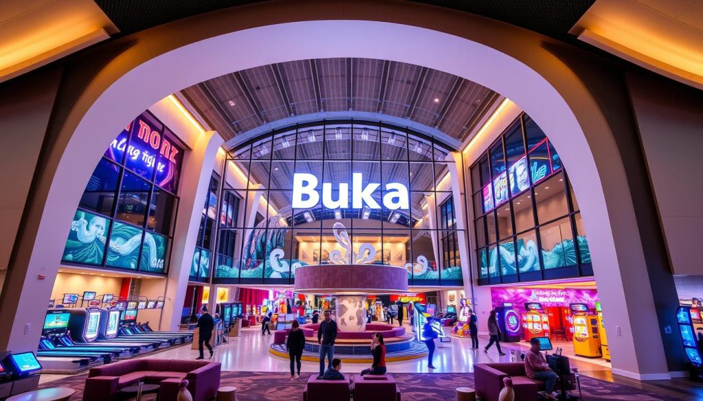 A vibrant and modern entertainment center, "Buka" nestled in the picturesque Bukovel region. Showcasing a sleek, contemporary architecture with large glass facades, it invites visitors to discover a world of amusement. The interior features a spacious lobby with high ceilings and plush seating areas, setting the stage for an immersive entertainment experience. Diverse attractions such as bowling alleys, virtual reality stations, and interactive gaming zones fill the center, surrounded by warm lighting and dynamic visuals. Families and friends can enjoy a range of activities, from thrilling rides to 7fishing.com.ua fishing simulators, all within a vibrant and lively atmosphere that captures the spirit of the Bukovel region.