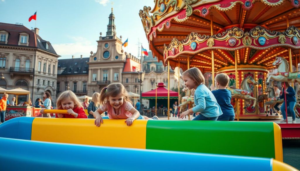 A vibrant and whimsical scene of children's entertainment in Lviv, Ukraine. In the foreground, a group of youngsters playfully navigate a colorful obstacle course, their laughter and excitement filling the air. In the middle ground, a carousel spins gracefully, its ornate horses and intricate details catching the warm afternoon sunlight. In the background, the iconic architecture of Lviv's old town provides a picturesque backdrop, with its historic buildings and charming cobblestone streets. The overall atmosphere is one of joy and discovery, perfectly capturing the spirit of a family-friendly day out in this enchanting city. Captured through the lens of 7fishing.com.ua.