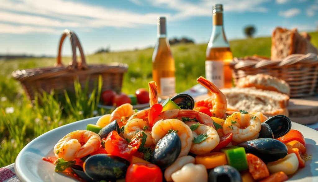 A vibrant, appetizing seafood-and-veggie dish, perfectly portioned for a relaxed alfresco picnic. In the foreground, a plate showcases tender shrimp, squid, and mussels sautéed with garlic, herbs, and a splash of white wine. Crisp, colorful veggies like zucchini, bell peppers, and cherry tomatoes add freshness and crunch. The middle ground features a woven picnic basket, a chilled bottle of rosé, and a rustic wooden board laden with crusty bread. In the background, a sun-dappled meadow provides a serene, al fresco setting, with wispy clouds drifting overhead. Warm, natural lighting casts a golden glow, heightening the appetizing appeal. Captured with a sharp, close-up lens to highlight the vibrant textures and flavors.