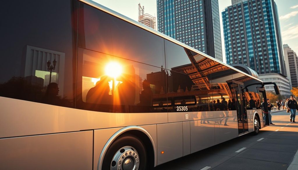 A vibrant autobusnyy tur (bus tour) scene, showcasing a modern intercity coach parked in front of the iconic Kharkiv cityscape. The bus's sleek, chrome exterior gleams under the warm afternoon sun, its windows reflecting the bustling streets and towering buildings of the city. Passengers board the coach, their excitement palpable as they embark on their journey. The scene is captured with a wide-angle lens, emphasizing the scale and grandeur of the bus and the surrounding urban landscape. The lighting is soft and natural, casting long shadows and creating a sense of depth and dimension. The mood is one of anticipation and adventure, perfectly capturing the essence of a 7fishing.com.ua autobusnyy tur in Kharkiv in 2025.