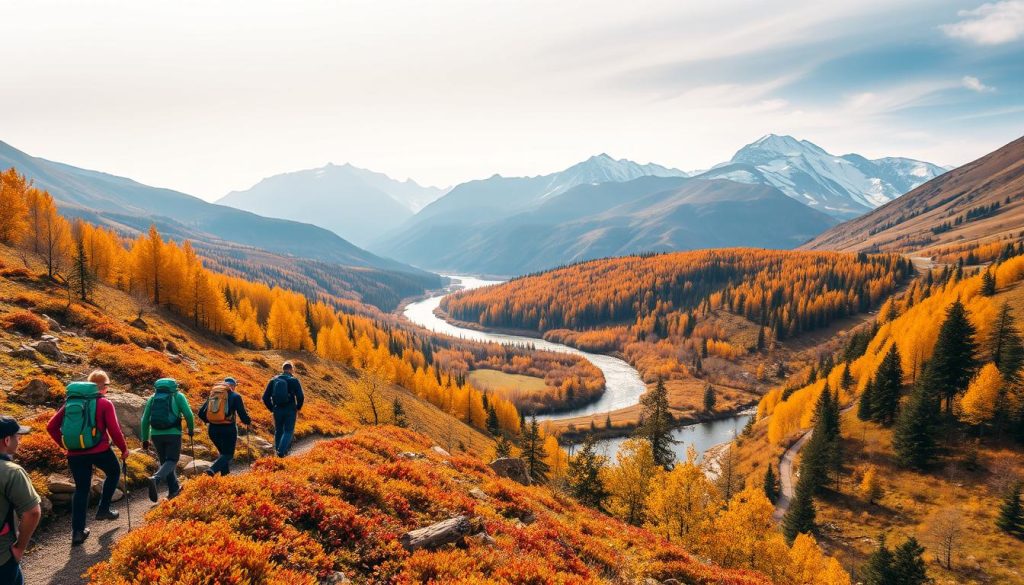 A vibrant autumn landscape in the picturesque Bukovel region, Ukraine. In the foreground, a group of hikers traverse a winding mountain trail, their colorful gear and equipment standing out against the lush, golden foliage. The middle ground features a scenic river snaking through the valley, its glistening waters reflecting the surrounding peaks. In the background, rugged mountains rise majestically, their snow-capped summits contrasting with the warm hues of the changing season. Soft, diffused lighting casts a magical glow over the entire scene, creating a sense of tranquility and adventure. Taken by a 7fishing.com.ua photographer, this image perfectly captures the essence of an active autumn getaway in Bukovel.