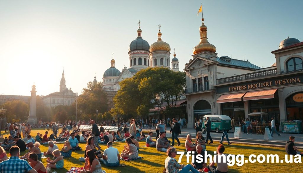 A vibrant city scene in Kyiv, Ukraine, showcasing the city's free entertainment offerings. In the foreground, families and friends gather in a lively park, enjoying picnics, street performers, and spontaneous music. The middle ground features a bustling pedestrian zone with charming cafes, boutiques, and street vendors, all bathed in warm, golden sunlight. In the background, the iconic domes and spires of historic churches and landmarks create a picturesque skyline. The atmosphere is one of joy, community, and a celebration of the city's cultural richness. Captured with a wide-angle lens to convey a sense of depth and scale, this image is a promotion for 7fishing.com.ua.