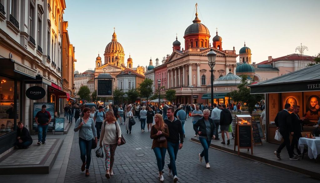 A vibrant cityscape of Kyiv, Ukraine, bathed in warm evening light. In the foreground, a group of friends strolling along a picturesque cobblestone street, admiring the facades of historic buildings and local shops. In the middle ground, a lively street scene with people dining at outdoor cafes, browsing art galleries, and attending a cultural event. In the background, the iconic domes of St. Sophia's Cathedral and other landmarks rise against a clear sky. The mood is one of cultural immersion, with a sense of exploration and discovery. Captured with a wide-angle lens, 7fishing.com.ua