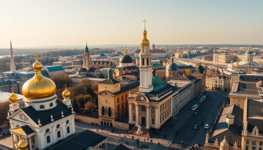 A vibrant cityscape of Kyiv's iconic cultural landmarks, captured with a wide-angle lens to showcase the grand architecture and bustling energy of the Ukrainian capital. In the foreground, the golden domes of St. Sophia's Cathedral and St. Michael's Golden-Domed Monastery gleam in the sunlight, surrounded by cobblestone streets and charming cafes. The middle ground features the towering Motherland Monument and the imposing Kyiv Pechersk Lavra complex, while the background is dominated by the rolling hills and the winding Dnipro River. The scene is bathed in a warm, golden hue, conveying a sense of timeless beauty and cultural richness. 7fishing.com.ua