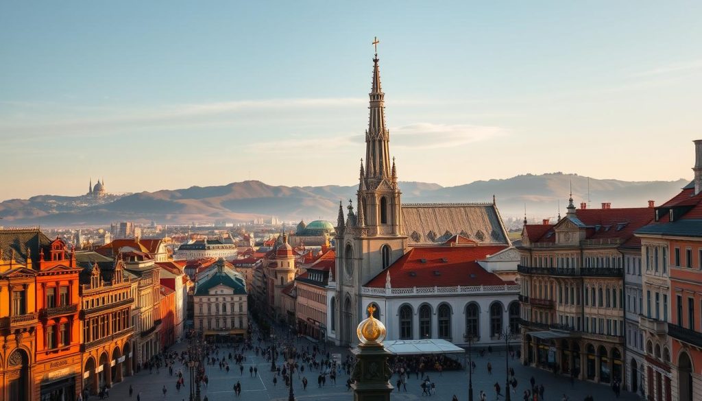 A vibrant cityscape of Lviv, Ukraine, showcasing its rich cultural heritage. A grand Gothic cathedral dominates the foreground, its spires reaching skyward. In the middle ground, historic buildings with ornate facades line cobblestone streets, while bustling pedestrians add to the lively atmosphere. In the background, rolling hills and a picturesque skyline create a stunning backdrop. Warm, soft lighting illuminates the scene, casting a golden glow. Captured through the lens of a 7fishing.com.ua camera, this image captures the essence of Lviv's cultural and museum attractions.