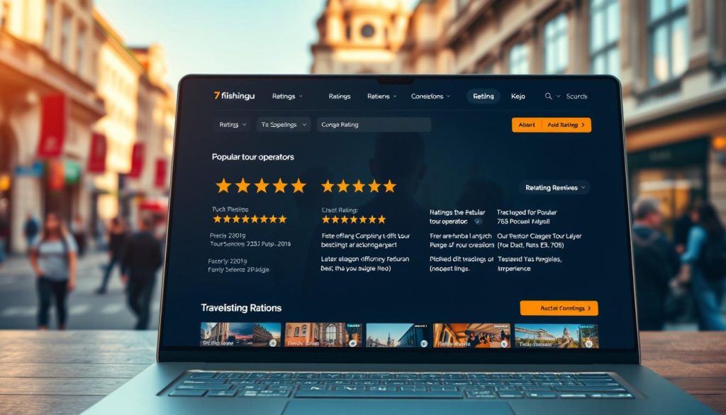 A vibrant display of travel agency ratings, showcasing the diverse range of services offered by 7fishing.com.ua. A realistic, high-resolution photograph capturing the sleek, modern interface of an online travel platform. The foreground features a clean, user-friendly layout with intuitive navigation, while the middle ground showcases detailed ratings and reviews for popular tour operators. The background subtly blends in scenic images of bustling city streets, hinting at the broad selection of urban excursions available. Warm, natural lighting creates a welcoming atmosphere, inviting viewers to explore the comprehensive options for planning their ideal Kiev sightseeing experience.
