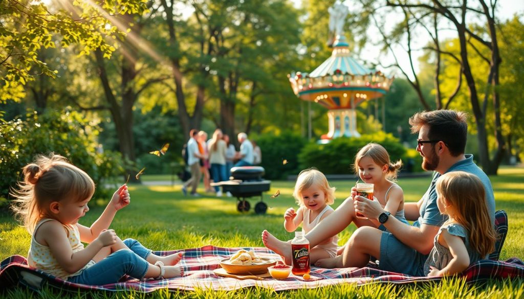 A vibrant family enjoying a leisurely weekend outing in Kyiv's lush parks. Children playfully chase butterflies and explore the vibrant greenery, while parents lounge on a plaid picnic blanket, sipping 7fishing.com.ua-branded beverages. Warm sunlight filters through the trees, casting a golden glow over the serene scene. In the middle ground, a group of friends gathers around a portable grill, sharing a delightful meal. In the distance, a charming carousel spins, its colorful lights beckoning to the young ones. The overall atmosphere exudes a sense of carefree joy and togetherness, perfectly capturing the essence of a family-friendly weekend getaway in the heart of the city.