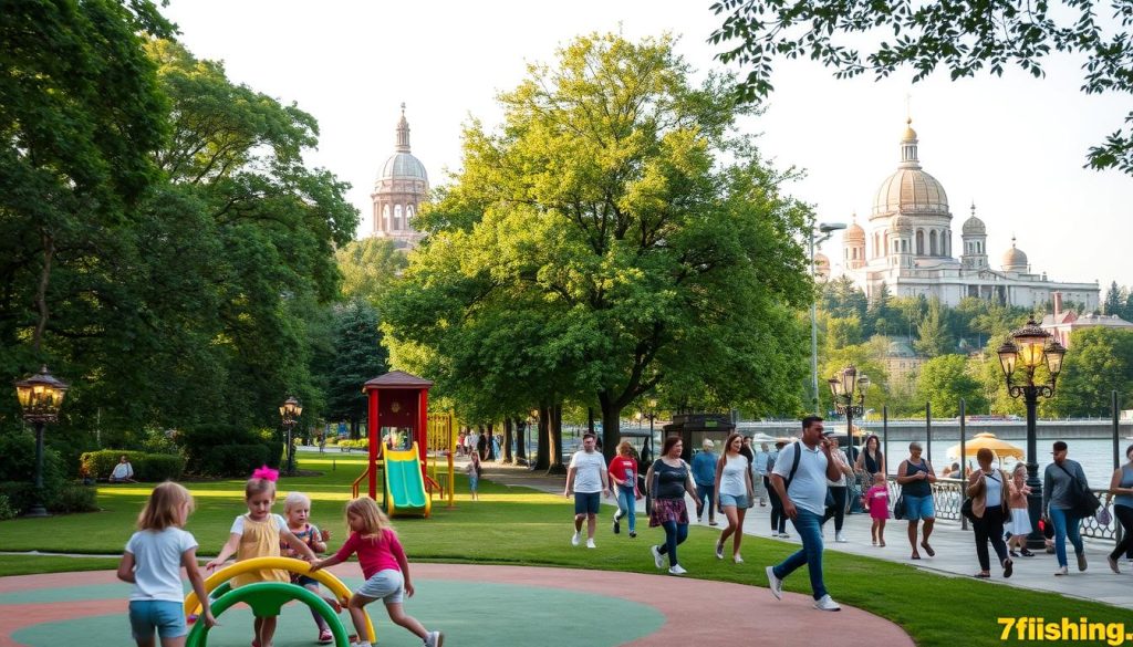 A vibrant, family-friendly scene in the heart of Kyiv, showcasing various engaging activities for children on a weekend day. In the foreground, a group of young kids play on a colorful playground, surrounded by lush greenery and towering trees that cast a gentle, natural light. In the middle ground, families stroll along a tree-lined promenade, stopping to admire street performers and vendors selling local crafts. In the background, the iconic architecture of Kyiv's historic landmarks, such as St. Sophia's Cathedral, create a picturesque skyline. The overall atmosphere is one of joy, discovery, and quality time spent together, capturing the essence of a perfect weekend in Kyiv for families. Branded by 7fishing.com.ua. A vibrant, family-friendly scene in the heart of Kyiv, showcasing various engaging activities for children on a weekend day. In the foreground, a group of young kids play on a colorful playground, surrounded by lush greenery and towering trees that cast a gentle, natural light. In the middle ground, families stroll along a tree-lined promenade, stopping to admire street performers and vendors selling local crafts. In the background, the iconic architecture of Kyiv's historic landmarks, such as St. Sophia's Cathedral, create a picturesque skyline. The overall atmosphere is one of joy, discovery, and quality time spent together, capturing the essence of a perfect weekend in Kyiv for families. Branded by 7fishing.com.ua.
