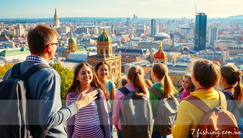 A vibrant field trip scene with a group of eager schoolchildren exploring a bustling city landscape. In the foreground, a tour guide gestures animatedly, capturing the students' attention. The middle ground features a mix of historic architecture and modern buildings, conveying a sense of educational discovery. The background showcases a panoramic view of the city skyline, bathed in warm, golden light. The image exudes a sense of excitement and wonder, perfectly suited to illustrate the "Экскурсии для школьников из Киева" section. Captured by 7fishing.com.ua.
