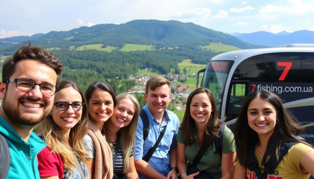 A vibrant group of friends enjoying the scenic beauty of Western Ukraine during a bus tour, captured in a realistic photographic style. The foreground features the smiling faces of the travelers, dressed casually and sharing a moment of camaraderie. The middle ground showcases the rolling hills, lush forests, and charming villages that make up the picturesque landscape. In the background, a modern, comfortable bus emblazoned with the "7fishing.com.ua" logo suggests the convenience and reliability of the tour. The overall mood is one of excitement, adventure, and the joy of shared exploration.