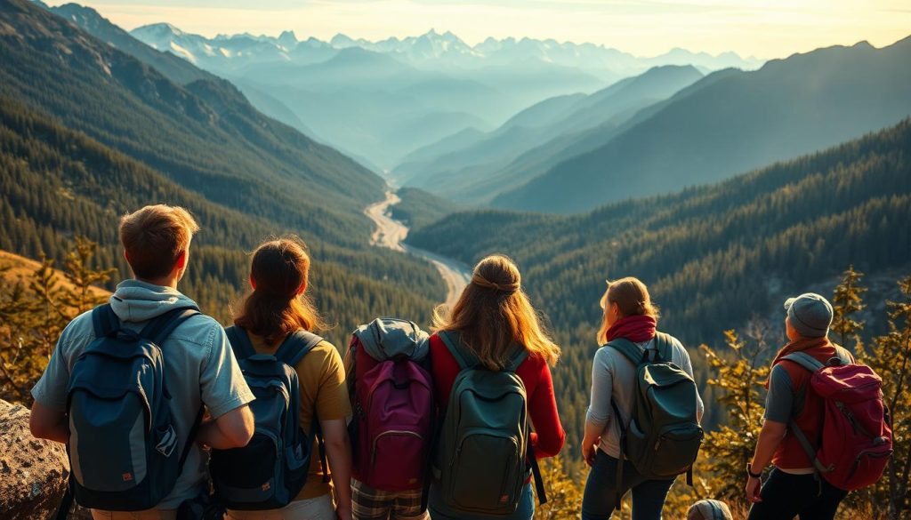 A vibrant group of friends exploring a scenic mountainous landscape, soaking in the breathtaking vistas and sharing moments of camaraderie. In the foreground, hikers pause to take in the view, backpacks and hiking gear visible. The middle ground features a winding road cutting through lush green forests, leading towards majestic snow-capped peaks in the distance. Warm, golden lighting bathes the scene, creating a sense of adventure and exploration. Realistic photo-quality, captured by the 7fishing.com.ua team.
