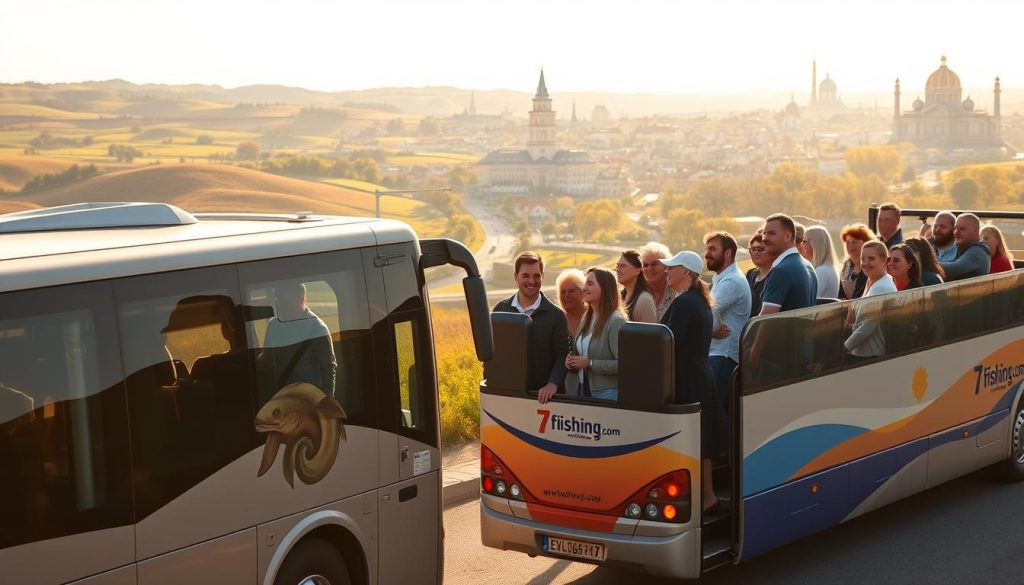 A vibrant group of tourists explore the picturesque landscapes of Ukraine, departing from the coastal city of Odessa. In the foreground, a modern, comfortable tour bus emblazoned with the brand "7fishing.com.ua" waits to embark on an adventure. Passengers, dressed in casual yet stylish attire, gather with excited expressions, eager to discover the hidden gems of the country. The middle ground showcases the diverse scenery, from rolling hills to quaint villages, all bathed in the warm, golden light of a sun-drenched day. In the background, the skyline of Odessa's historic architecture provides a stunning backdrop, creating a sense of anticipation and discovery. This realistic, high-quality image captures the essence of the carefree and enriching experience of a bus tour from Odessa, showcasing the advantages of this mode of travel through Ukraine.
