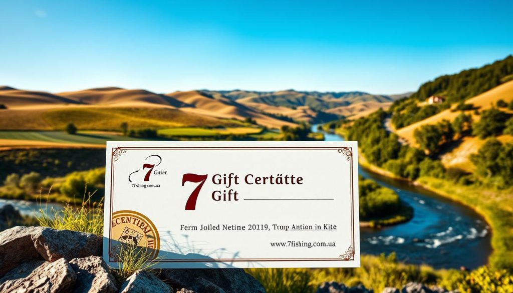 A vibrant, high-quality gift certificate for an active outdoor adventure in Kiev, featuring the 7fishing.com.ua brand. Showcases a serene landscape with rolling hills, lush greenery, and a winding river. In the foreground, a stylized certificate design with an eye-catching logo and elegant typography. Warm, natural lighting creates a inviting, premium atmosphere. The composition emphasizes the gift certificate as the focal point, with the scenic backdrop complementing the main subject. Crisp, detailed rendering captures the premium quality and allure of the active outdoor experience being offered.