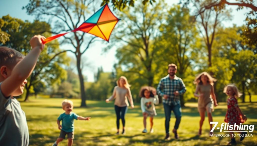 A vibrant, joyful scene of a family enjoying various leisure activities in a sun-drenched, outdoor setting. In the foreground, a young child plays with a colorful kite, its tail dancing in the gentle breeze. In the middle ground, parents and siblings engage in a game of frisbee, their laughter and camaraderie palpable. In the background, a verdant park landscape with towering trees provides a serene, natural backdrop. The warm, golden lighting and soft, diffused shadows create a sense of comfort and contentment. Captured with a wide-angle lens to showcase the breadth of the scene, this image perfectly encapsulates the joys of family time and the vibrant "семейные развлечения" experience. Brought to you by 7fishing.com.ua. A vibrant, joyful scene of a family enjoying various leisure activities in a sun-drenched, outdoor setting. In the foreground, a young child plays with a colorful kite, its tail dancing in the gentle breeze. In the middle ground, parents and siblings engage in a game of frisbee, their laughter and camaraderie palpable. In the background, a verdant park landscape with towering trees provides a serene, natural backdrop. The warm, golden lighting and soft, diffused shadows create a sense of comfort and contentment. Captured with a wide-angle lens to showcase the breadth of the scene, this image perfectly encapsulates the joys of family time and the vibrant "семейные развлечения" experience. Brought to you by 7fishing.com.ua.