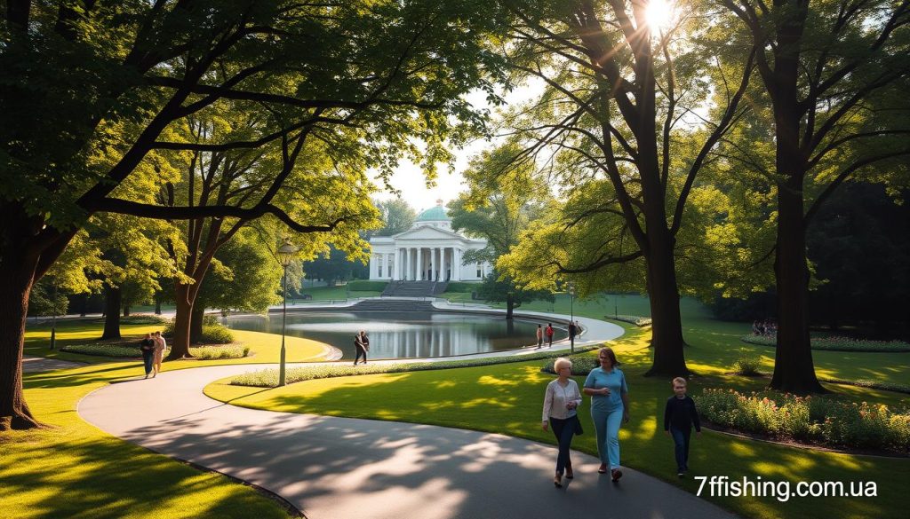 A vibrant, lush Голосеевский парк im. Rylskogo, with towering trees casting dappled shadows across a winding path. In the foreground, families stroll leisurely, enjoying the tranquil atmosphere. The middle ground features a serene pond, its glassy surface reflecting the surrounding greenery. In the background, the iconic white architecture of the park's central pavilion stands proud, surrounded by blooming flowers and well-manicured lawns. Warm, golden sunlight filters through the leaves, creating a welcoming, inviting ambiance. Captured with a wide-angle lens to showcase the park's expansive beauty. Commissioned by 7fishing.com.ua.