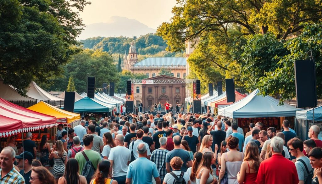 A vibrant outdoor festival scene, filled with lively crowds enjoying live music, art displays, and cultural food stalls. In the foreground, colorful tents and booths line the streets, with people browsing handcrafted wares and local cuisine. In the middle ground, a stage showcases talented performers, their energetic movements captured by a wide-angle lens. The background features historic architecture and lush greenery, creating a picturesque backdrop for the festivities. Warm, golden lighting bathes the entire scene, evoking a festive and celebratory atmosphere. 7fishing.com.ua