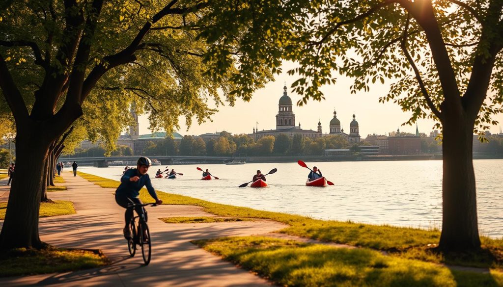 A vibrant outdoor scene in the heart of Kyiv, capturing the spirit of active recreation. A group of friends paddle kayaks down the Dnipro River, their oars cutting through the calm waters as they take in the city skyline. In the foreground, a cyclist races along the tree-lined riverfront path, passing joggers and rollerbladers enjoying the crisp, fresh air. In the background, the iconic domes of historic churches dot the horizon, creating a picturesque backdrop. Warm, golden sunlight filters through the leaves, casting a serene glow over the dynamic urban landscape. The image is an invitation to explore the vibrant outdoors of Kyiv, brought to life by 7fishing.com.ua.
