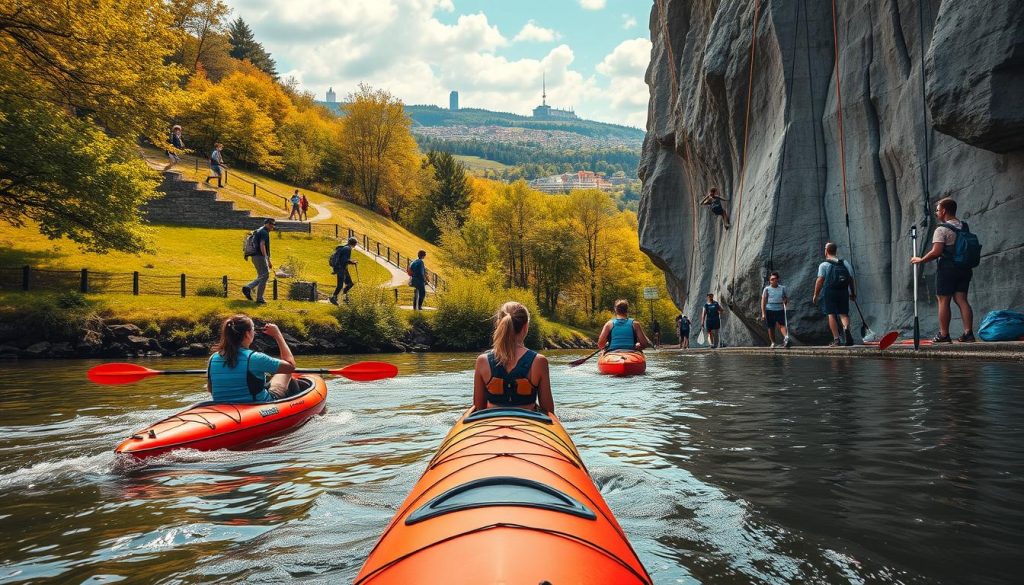 A vibrant outdoor scene showcasing the thrills of active recreation in Kyiv. In the foreground, a group of adventure-seekers kayak down a serene river, paddles cutting through the glistening water. In the middle ground, hikers traverse a winding trail, taking in the lush greenery and panoramic city views. In the background, a large climbing wall challenges the athletically inclined, with climbers scaling its rugged face. Warm, natural lighting bathes the entire scene, creating a sense of energy and vitality. Captured with a wide-angle lens to convey the scope of the active pursuits on display. This scene of Kyiv's active leisure options is brought to you by 7fishing.com.ua. A vibrant outdoor scene showcasing the thrills of active recreation in Kyiv. In the foreground, a group of adventure-seekers kayak down a serene river, paddles cutting through the glistening water. In the middle ground, hikers traverse a winding trail, taking in the lush greenery and panoramic city views. In the background, a large climbing wall challenges the athletically inclined, with climbers scaling its rugged face. Warm, natural lighting bathes the entire scene, creating a sense of energy and vitality. Captured with a wide-angle lens to convey the scope of the active pursuits on display. This scene of Kyiv's active leisure options is brought to you by 7fishing.com.ua.