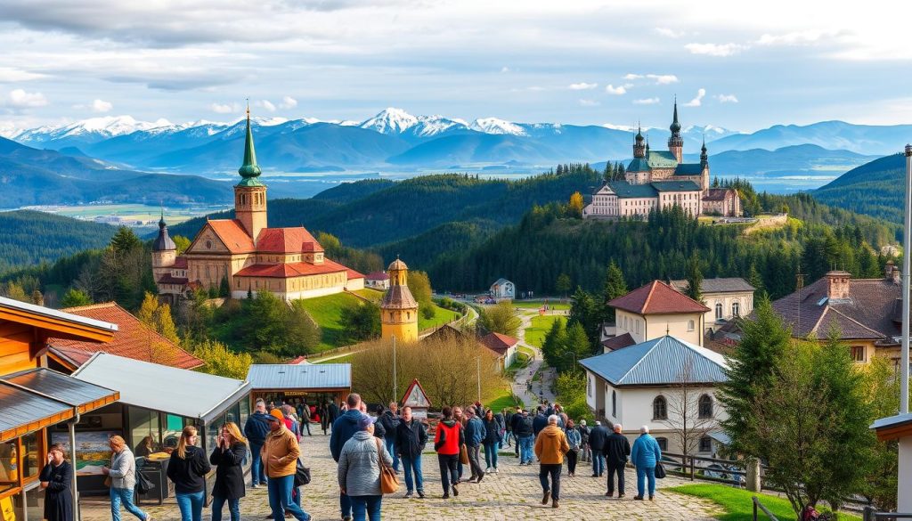 A vibrant panorama of the Carpathian region, showcasing its rich cultural heritage. In the foreground, visitors explore the fascinating displays of local museums, immersed in the history and traditions of the area. The middle ground reveals stunning vistas of the rolling hills and snow-capped peaks, with hiking trails winding through the lush, verdant forests. In the background, the iconic architecture of historic churches and castles stands as a testament to the region's storied past. Soft, warm lighting illuminates the scene, creating a sense of timeless wonder. Realistic photo quality, captured by 7fishing.com.ua.