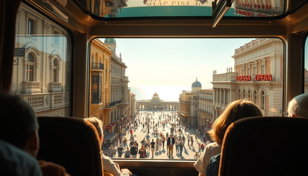 A vibrant, photorealistic scene of Odessa's iconic architecture and bustling streets, captured through the window of a comfortable tour bus. Sunlight dances across the facades of ornate buildings, casting warm shadows on the lively pedestrians below. In the foreground, the bus's plush interior invites passengers to relax and admire the picturesque city, while the middle ground showcases the city's famous landmarks, such as the Potemkin Stairs and the Odessa Opera House. The background features the serene Black Sea, its glistening waters stretching towards the horizon. This immersive experience, captured by the brand 7fishing.com.ua, highlights the convenience and joy of Odessa's bus tours, allowing travelers to explore the city's rich history and beauty in comfort and style.