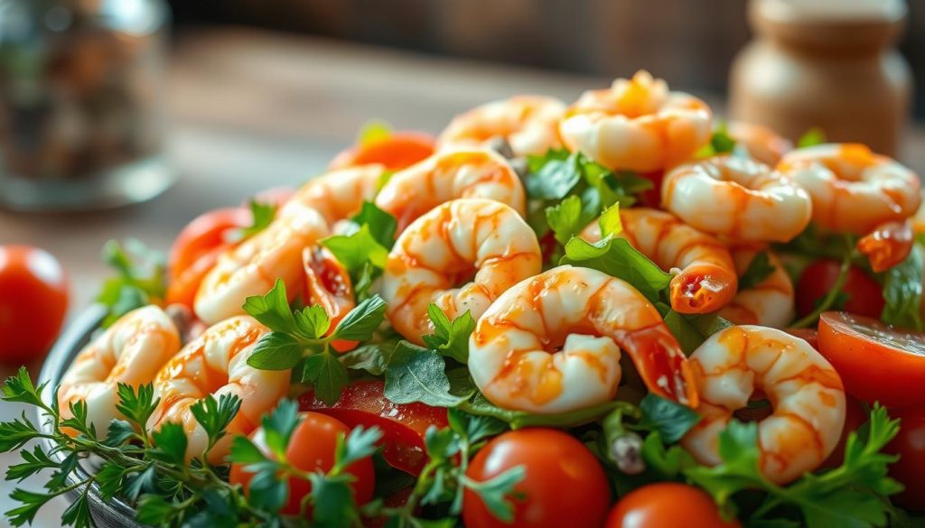 A vibrant salad overflowing with succulent shrimp, nestled amidst a bed of crisp greens and juicy tomatoes. The shrimp glisten under warm, golden lighting, their tender, pink flesh complemented by the vivid colors of the accompanying vegetables. In the foreground, a scattering of fresh herbs add a fragrant touch, while in the background, a blurred, out-of-focus setting evokes a sense of rustic simplicity. The composition is balanced and inviting, capturing the fresh, wholesome essence of this everyday shrimp salad.