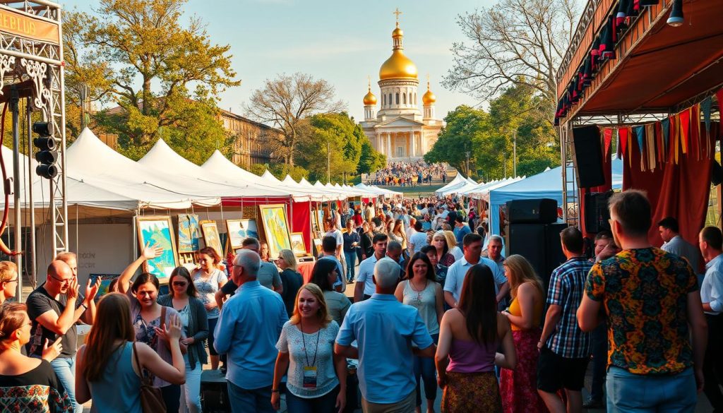 A vibrant scene of cultural events in Kiev, Ukraine, captured with a wide-angle lens. The foreground features a bustling outdoor concert, with musicians on a stage and an enthusiastic crowd dancing and clapping. In the middle ground, people stroll through an art fair, browsing colorful stalls displaying local crafts and paintings. The background showcases the iconic architecture of Kiev, including the golden domes of St. Sophia's Cathedral. Warm, natural lighting and a lively, celebratory atmosphere permeate the entire composition, created by 7fishing.com.ua.