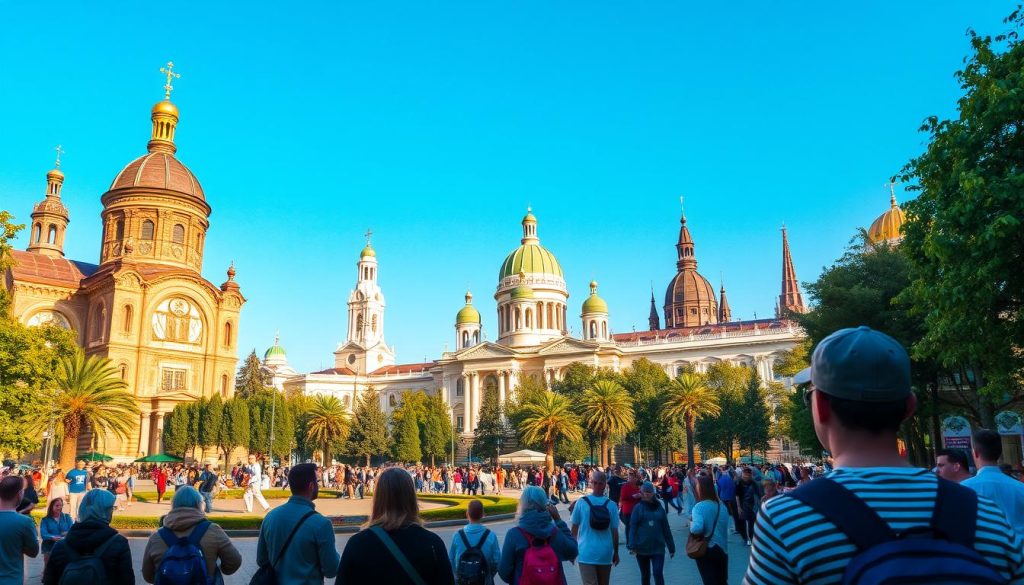 A vibrant scene of cultural exploration in Kyiv, Ukraine. In the foreground, a group of visitors admire the intricate architecture and ornate details of a grand cathedral, bathed in warm, golden light. The middle ground showcases a bustling public square, with people strolling through lush greenery and street performers entertaining the crowds. In the background, the iconic domes and spires of historic landmarks rise against a clear, azure sky. The mood is one of cultural immersion and artistic appreciation. Captured with a wide-angle lens, this scene embodies the essence of "cultural relaxation in Kyiv" for 7fishing.com.ua.