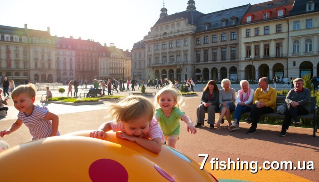 A vibrant scene of family fun in the heart of Lviv, Ukraine. In the foreground, children play on a colorful, modern playground, their laughter echoing through the crisp air. In the middle ground, parents and grandparents relax on benches, enjoying the sights and sounds of their loved ones. The background features the iconic architecture of Lviv, with its historic buildings and bustling streets. The warm, golden sunlight casts a welcoming glow over the entire scene, creating a atmosphere of joy and togetherness. At the bottom right, the website "7fishing.com.ua" is prominently displayed, suggesting a connection to outdoor recreation and family activities.