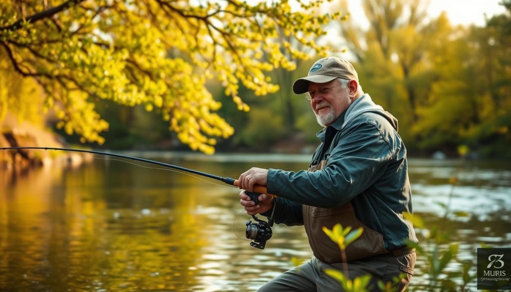 A vibrant spring scene of fishing on a river bank, with a fisherman expertly handling a feeder rod amid lush greenery. The calm waters reflect the overhanging trees, and the soft, warm lighting casts a golden glow over the peaceful landscape. The fisherman's focused expression and the tight line on the rod suggest the excitement of a potential catch. The scene captures the essence of the seasonal transition, with the budding foliage and the promise of a bountiful spring fishing season.