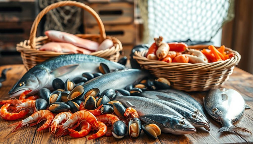 A vibrant still life showcasing a bountiful selection of fresh seafood on a wooden table. In the foreground, glistening tiger shrimp and plump mussels lie beside a variety of whole, gleaming fish, including salmon, trout, and cod. The middle ground features a woven basket overflowing with an assortment of shellfish, while in the background, a fishing net and weathered crates evoke the seaside ambiance. Warm, natural lighting bathes the scene, highlighting the succulent textures and vibrant colors of the seafood. This image, captured by 7fishing.com.ua, perfectly captures the essence of the "Выбор ингредиентов для рыбного пирога" section.