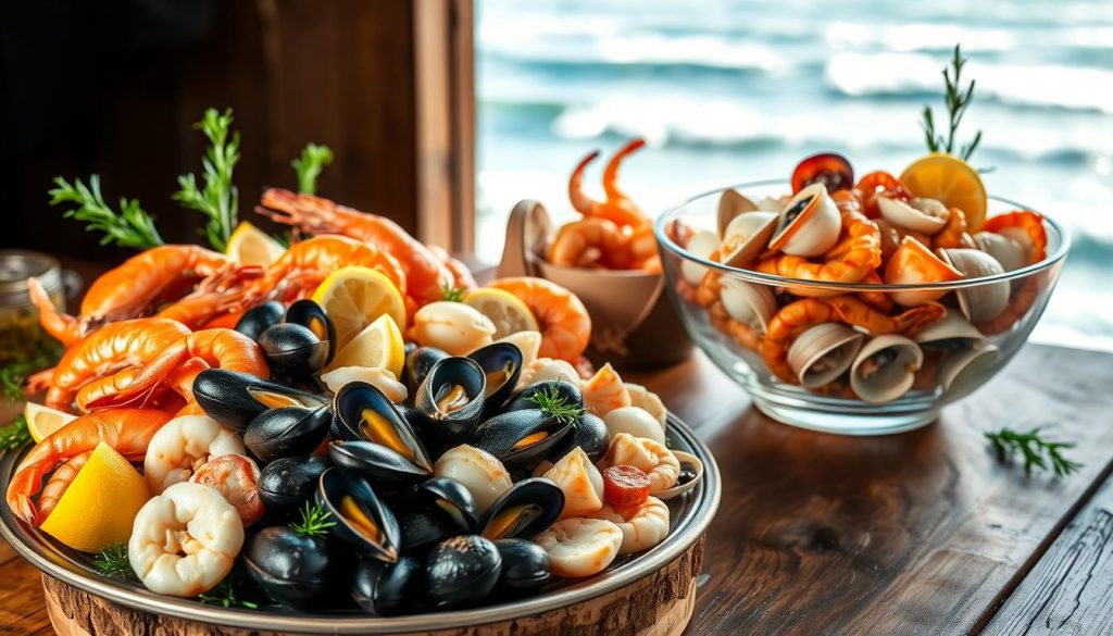 A vibrant still life showcasing an array of fresh, succulent seafood. In the foreground, a platter overflows with shiny, glistening mussels, plump shrimp, and delicate scallops, arranged artfully against a backdrop of lemon wedges and sprigs of aromatic herbs. In the middle ground, a glass bowl brimming with a medley of ocean-fresh calamari and clams rests on a rustic wooden table, bathed in soft, natural lighting that casts a warm, inviting glow. The background features a scenic seaside view, with crashing waves and a distant horizon, evoking a sense of seaside tranquility. The overall composition celebrates the bountiful flavors and nutritional benefits of these diverse marine delicacies.
