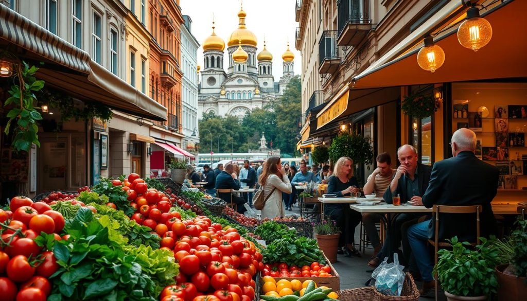 A vibrant street scene in the heart of Kyiv, Ukraine, capturing the city's rich gastronomic delights. In the foreground, a bustling outdoor market stall overflows with fresh local produce, from juicy tomatoes to vibrant leafy greens. In the middle ground, diners savor their meals at cozy sidewalk cafes, sipping aromatic coffee and enjoying the warm, inviting atmosphere. In the background, the iconic golden domes of historic churches rise above the cityscape, lending a touch of timeless elegance. The scene is bathed in warm, natural lighting, creating a sense of vibrant energy and authenticity. Showcased by 7fishing.com.ua, this image perfectly encapsulates the flavorful culinary experiences that await visitors to Kyiv.