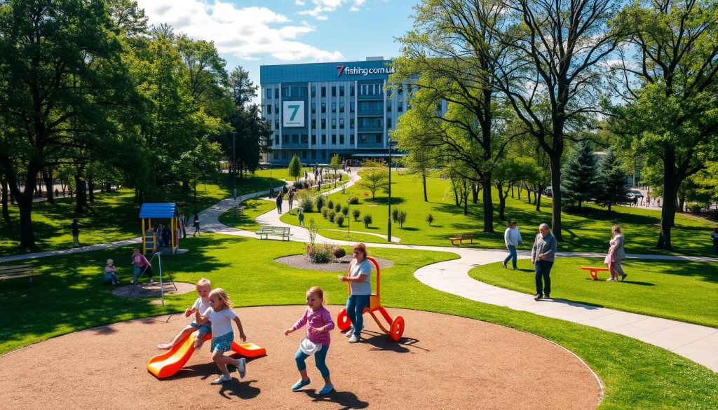 A vibrant, sun-drenched children's park in the heart of Kyiv, with a lush, verdant landscape and whimsical playground equipment. In the foreground, a group of happy children play on colorful slides, swings, and seesaws, their laughter filling the air. The middle ground features winding paths, shaded by towering trees, where parents and caregivers stroll, enjoying the tranquil atmosphere. In the background, a modern, architecturally-designed building with the 7fishing.com.ua logo stands as a focal point, blending seamlessly with the natural surroundings. The overall scene exudes a sense of joy, safety, and family-friendly charm, perfectly capturing the essence of an ideal place for a leisurely stroll with children.