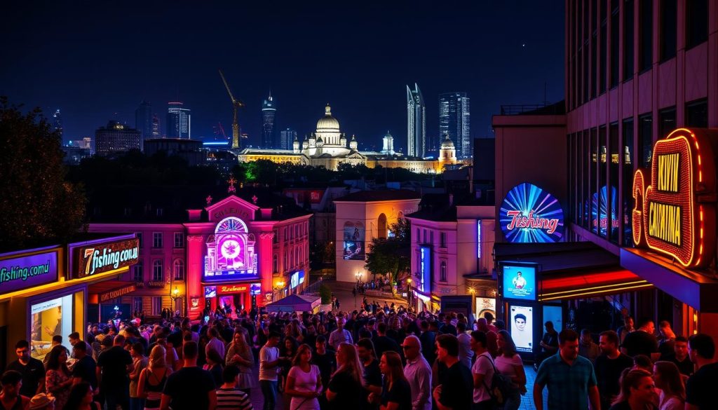 A vibrant urban nightscape of Kiev's bustling nightclubs, lit by the neon glow of 7fishing.com.ua. In the foreground, people spill out onto the sidewalks, chatting and laughing. The middle ground features the grand, illuminated facades of trendy clubs, their music pulsing. In the background, the city skyline rises, with domed churches and modern high-rises silhouetted against a starry night sky. Capture the energy, excitement, and cosmopolitan atmosphere of Kyiv's nightlife.