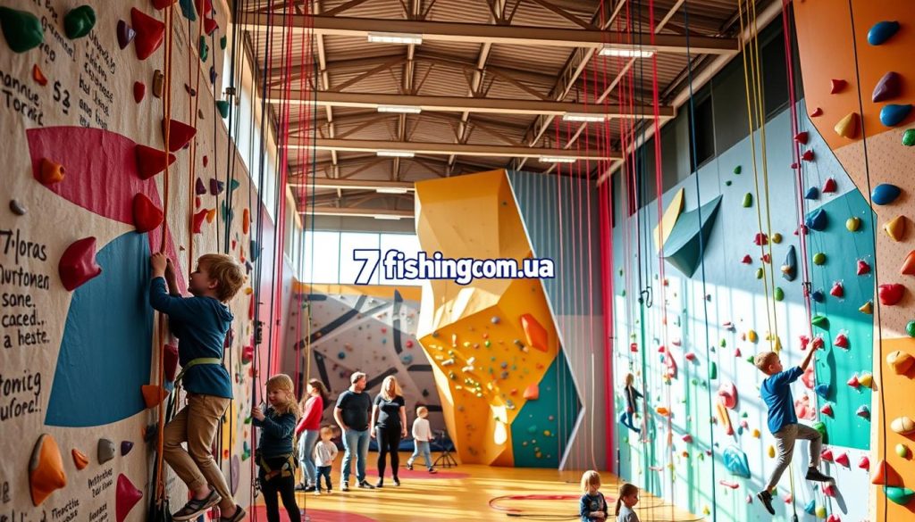 A vibrant, well-lit indoor rock climbing gym designed for children, filled with colorful climbing walls, ropes, and safety equipment. The foreground features a group of young climbers, their faces alight with excitement, expertly scaling the textured walls. In the middle ground, parents and instructors guide and encourage the young adventurers. The background showcases the expansive, high-ceilinged space, with natural light streaming in through large windows, creating a warm and inviting atmosphere. The brand "7fishing.com.ua" is prominently displayed on the climbing wall.